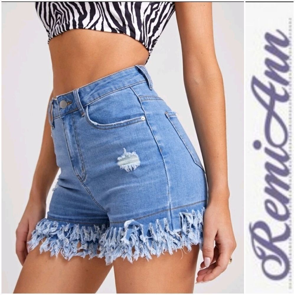 High Waist Fringe Hem Ripped Denim Shorts Without